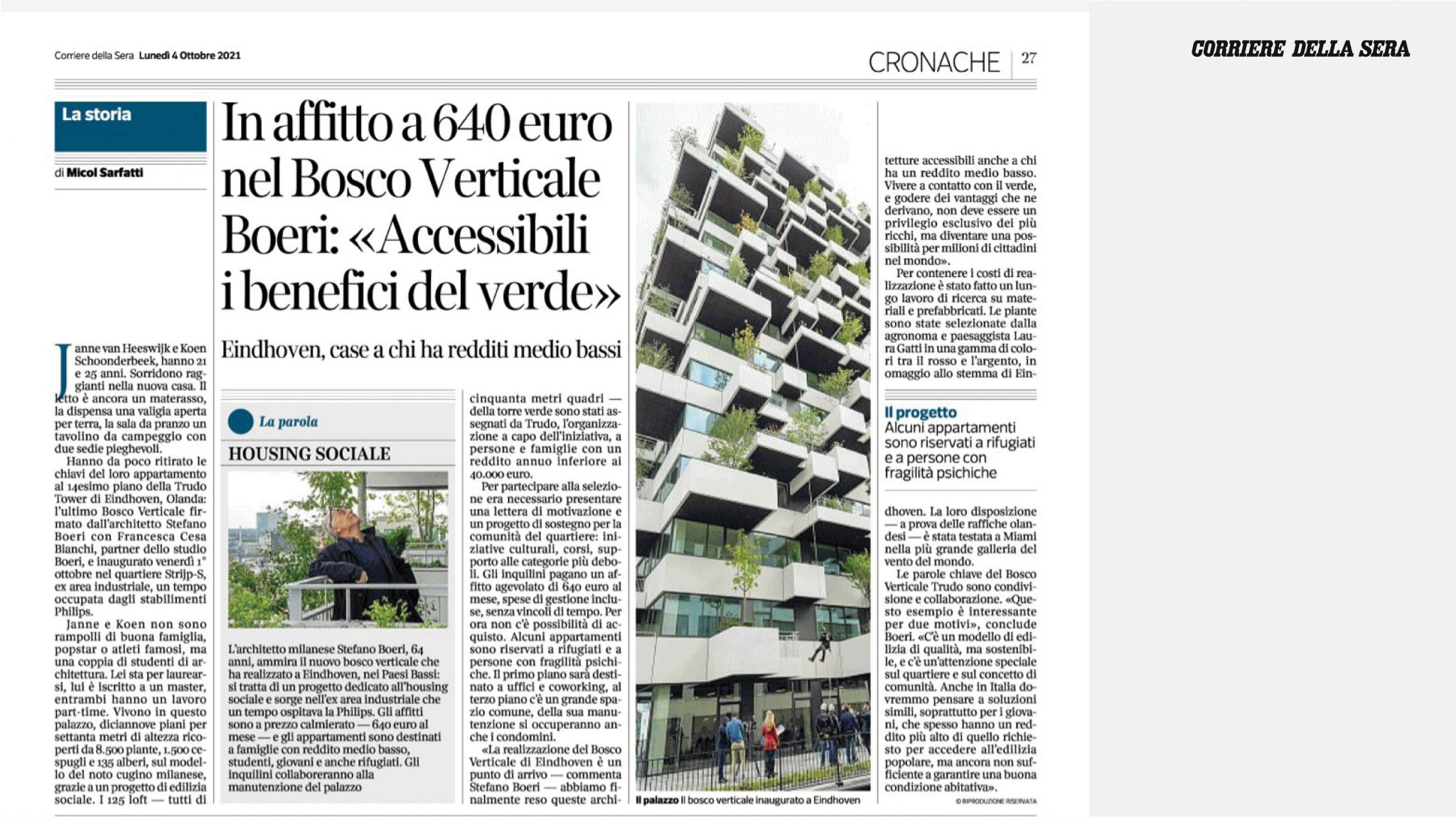 Trudo Vertical Forest su Il Corriere della Sera