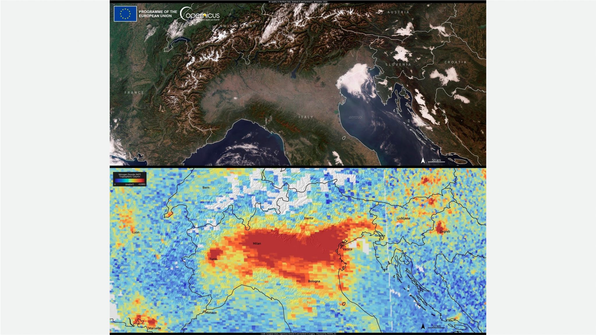 concentrazione di polveri sottili nella foto del satellite copernicus